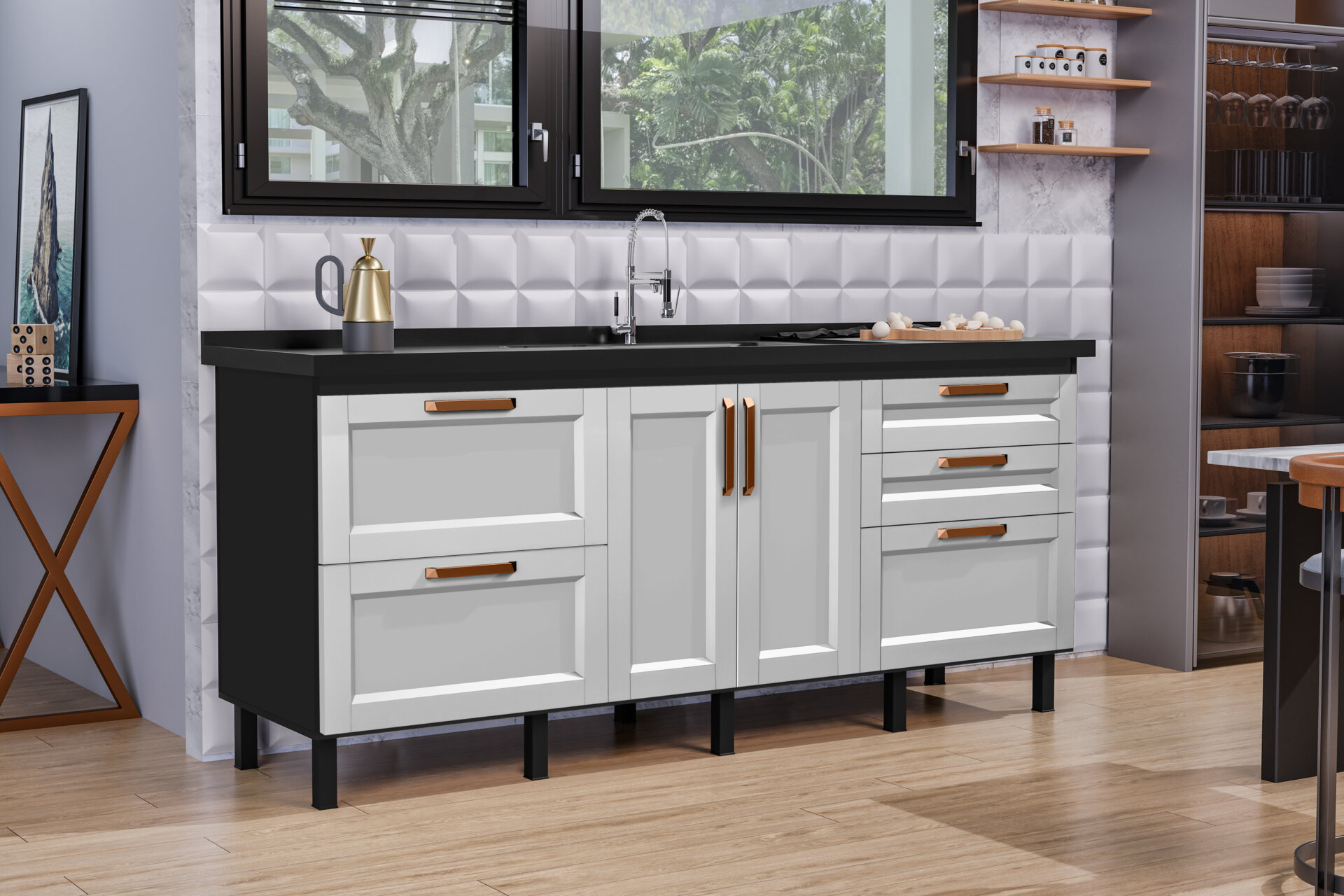 Cozinha MONTANA 150 Preto Fosco Branco Puxador Cobre