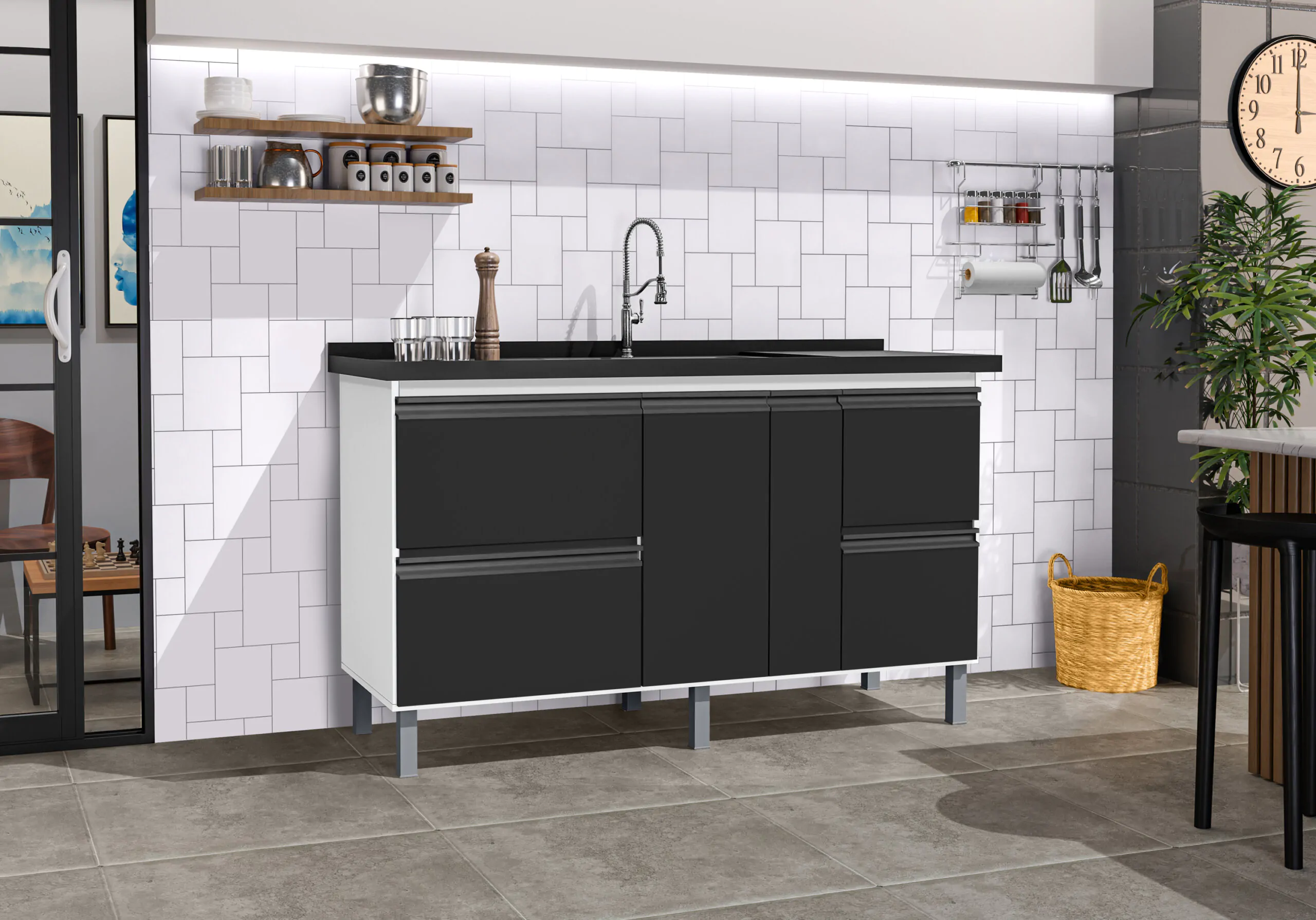 Cozinha SEVILHA 150 Branco Preto Fosco