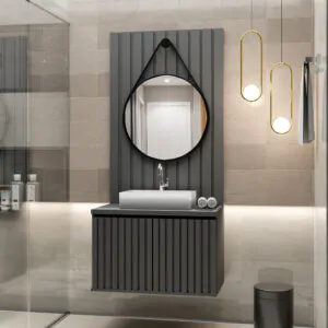 Painel Ripado 80 Grafite + Espelheira Luna 60 Preto + Toucador Vegas 80 Grafite